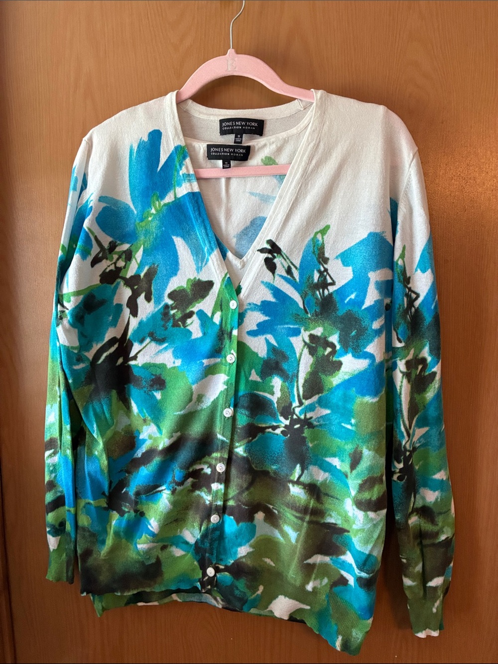 Jones New York White Cardigan with Blue and Green Floral Brushprint